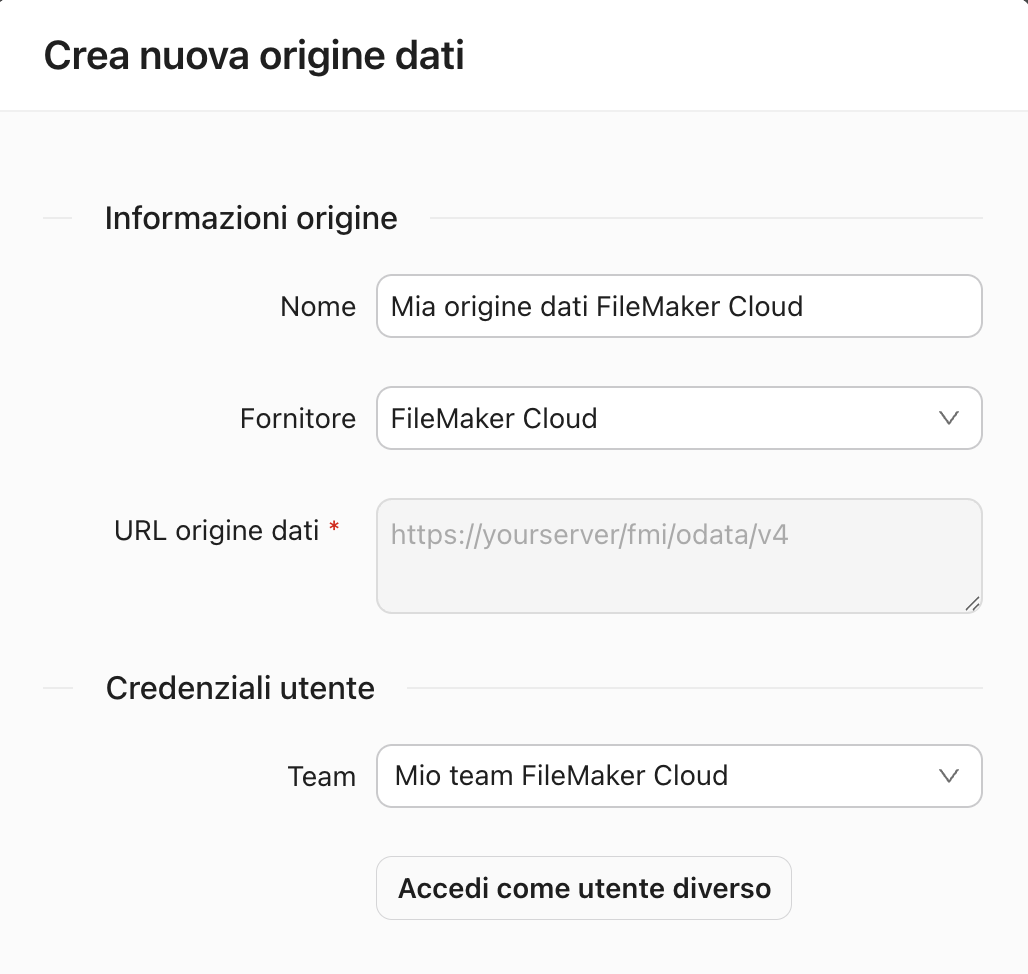 Scheda Origini dati, finestra di dialogo Crea nuova origine dati, Cloud