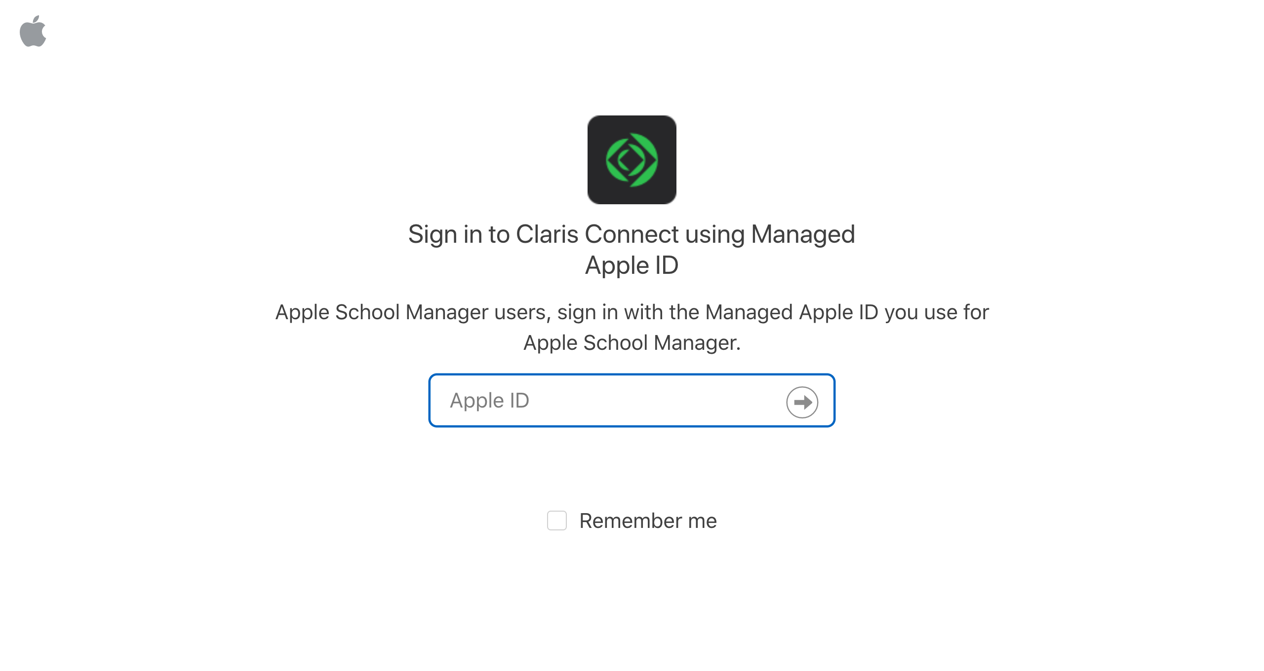 管理対象 Apple ID を使用して Claris Connect にサインイン、Apple ID を入力