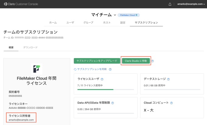 Claris Customer Console の [サブスクリプション] ページ上にある [Claris Studio に移動] リンクおよびライセンス所有者の電子メールアドレスの場所