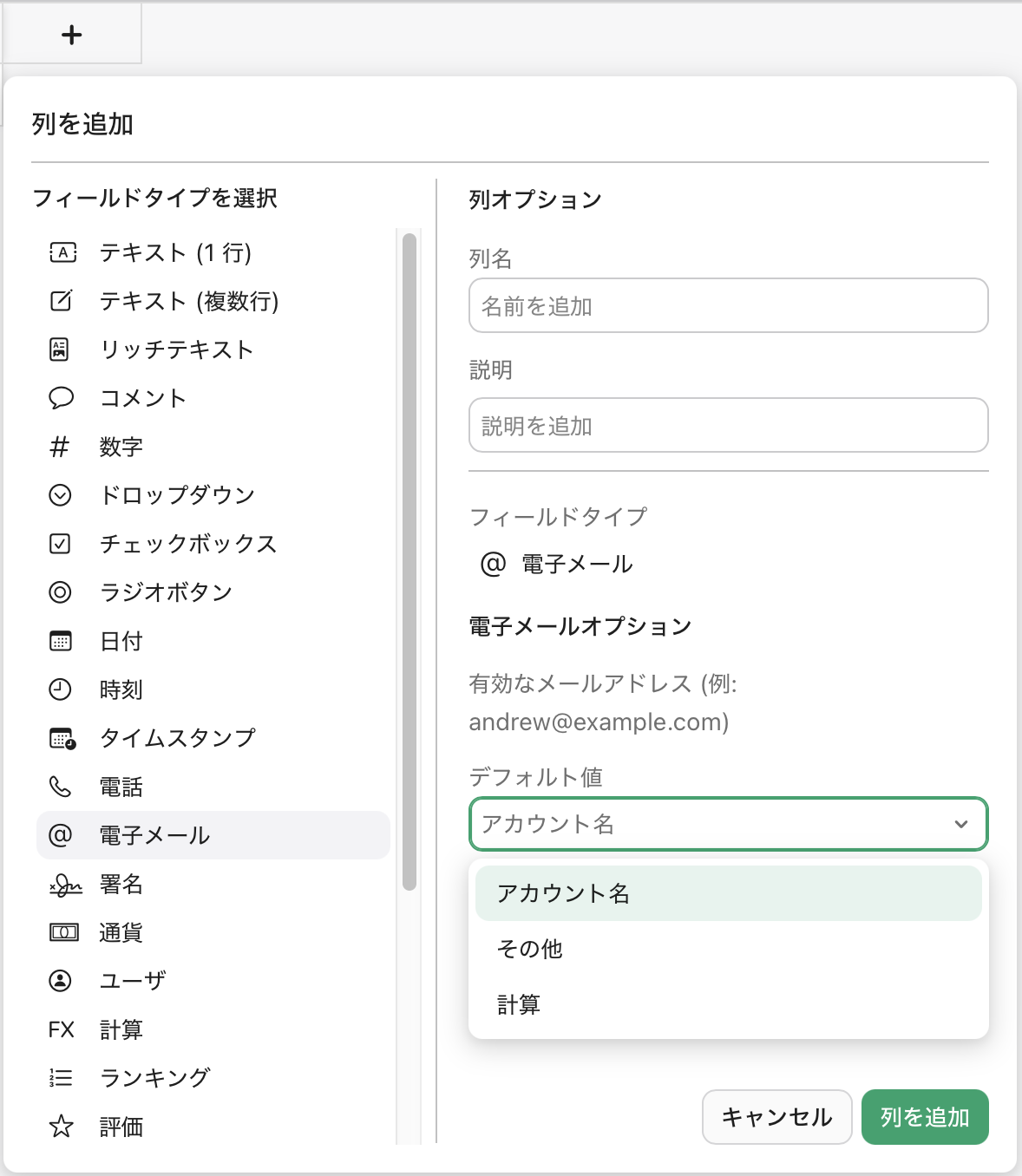 列、電子メールフィールド、デフォルト値、アカウント名の追加