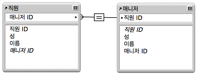 셀프 조인을 표시하는 필드 간에 선이 있는 동일한 테이블의 두 일치 항목