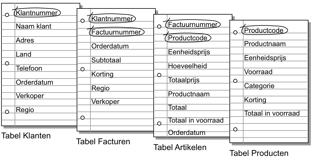 Omcirkelde sleutelvelden in elke tabel