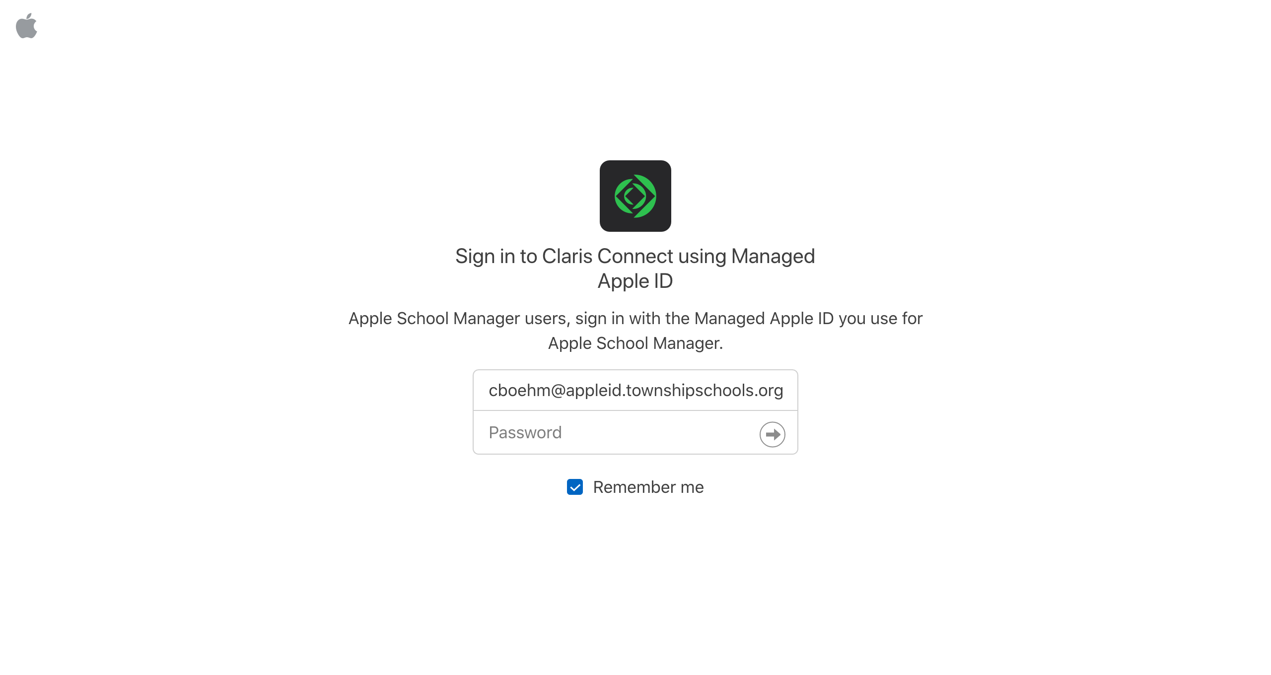 Logga in i Claris Connect med hanterat Apple-ID, ange lösenord